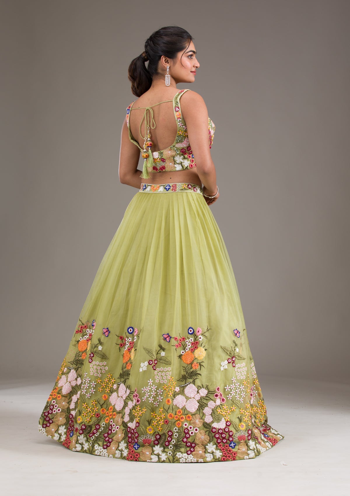 Pista Green Threadwork Tissue Readymade Lehenga-Koskii