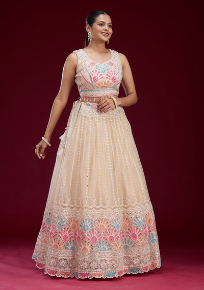 Onion Pink Zariwork Tissue Readymade Lehenga-Koskii