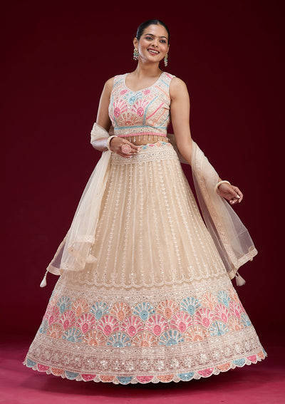 Onion Pink Zariwork Tissue Readymade Lehenga-Koskii