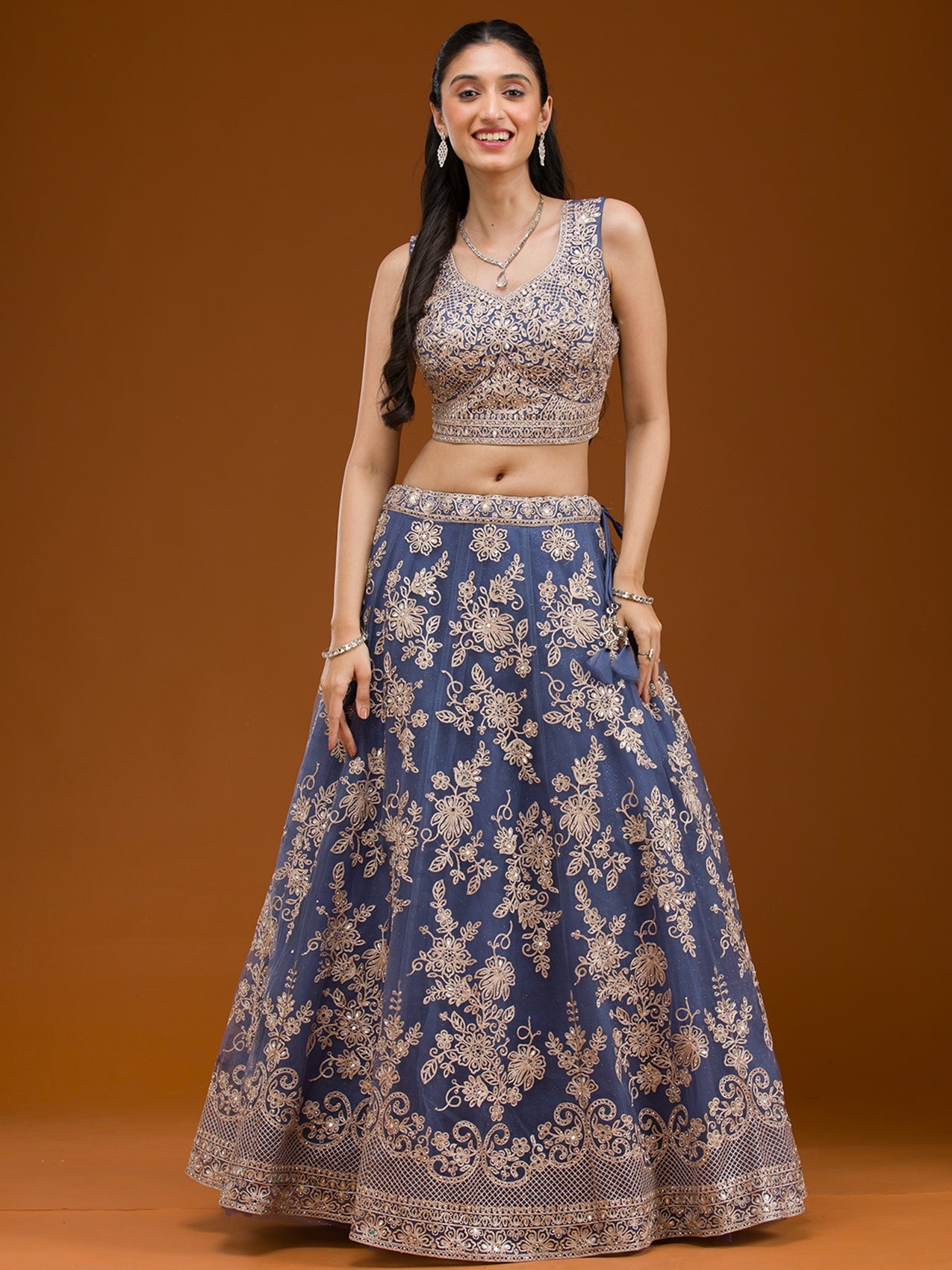 Grey Zariwork Net Readymade Lehenga-Koskii