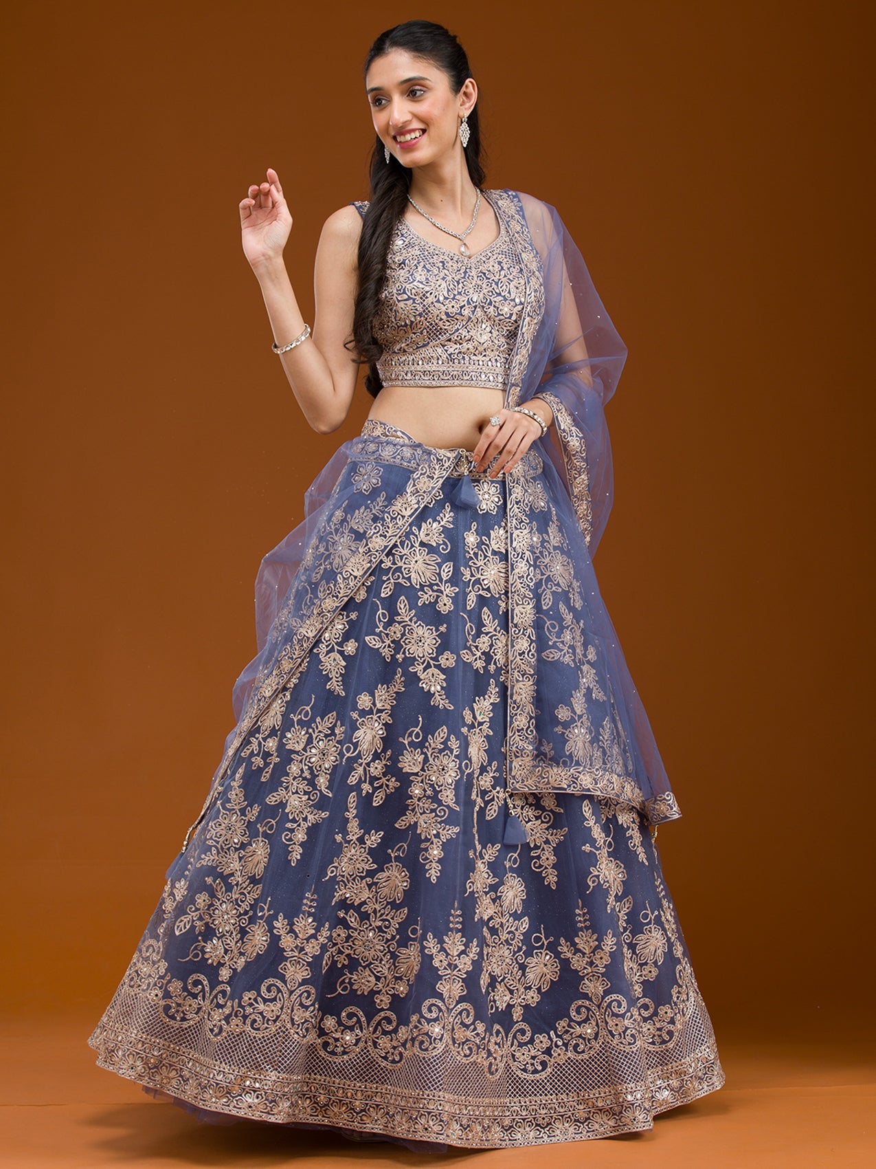 Grey Zariwork Net Readymade Lehenga-Koskii