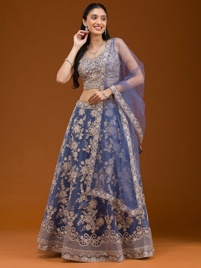 Grey Zariwork Net Readymade Lehenga-Koskii