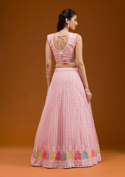 Baby Pink Threadwork Net Readymade Lehenga-Koskii