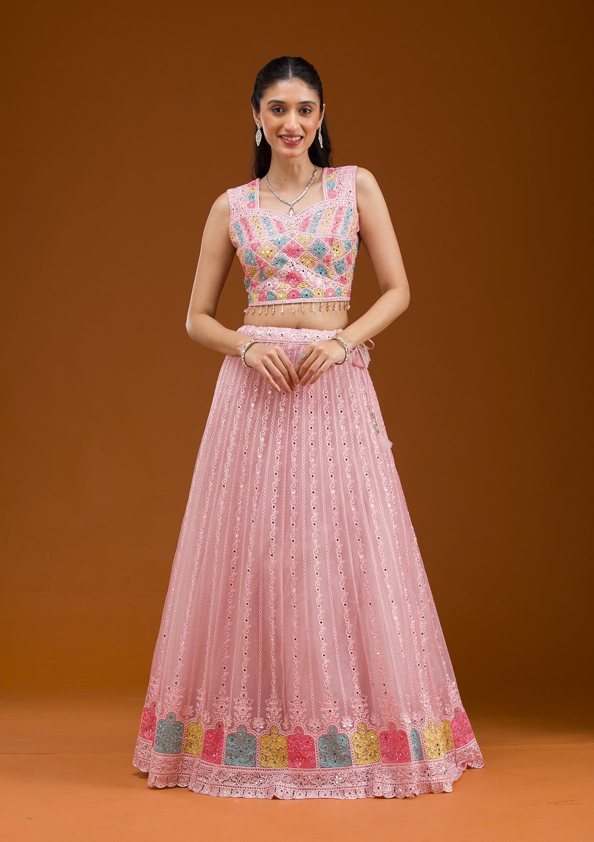 Baby Pink Threadwork Net Readymade Lehenga-Koskii