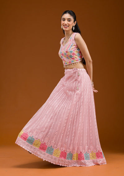 Baby Pink Threadwork Net Readymade Lehenga-Koskii