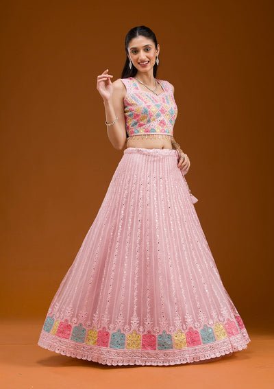 Baby Pink Threadwork Net Readymade Lehenga-Koskii