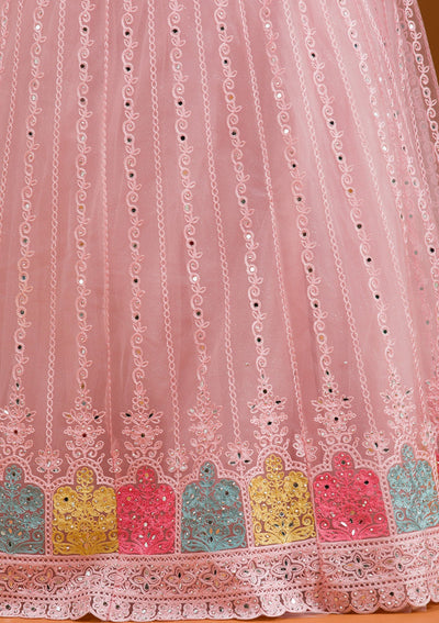 Baby Pink Threadwork Net Readymade Lehenga-Koskii