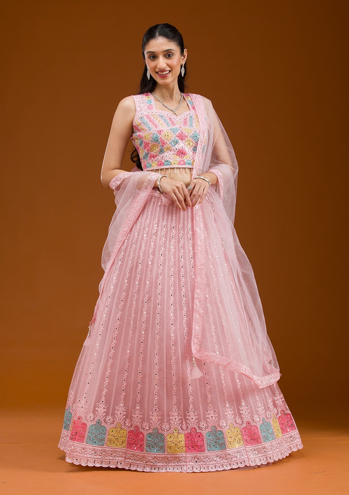 Baby Pink Threadwork Net Readymade Lehenga-Koskii