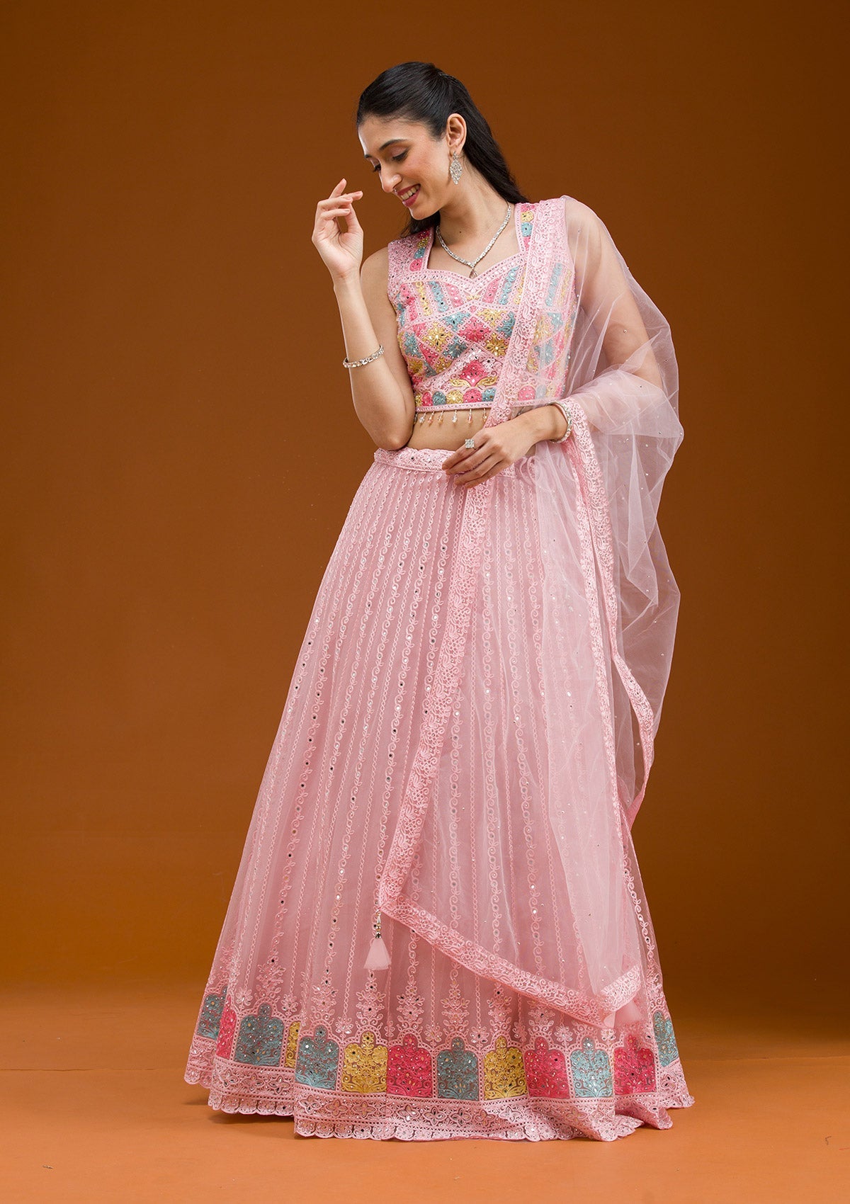 Baby Pink Threadwork Net Readymade Lehenga-Koskii