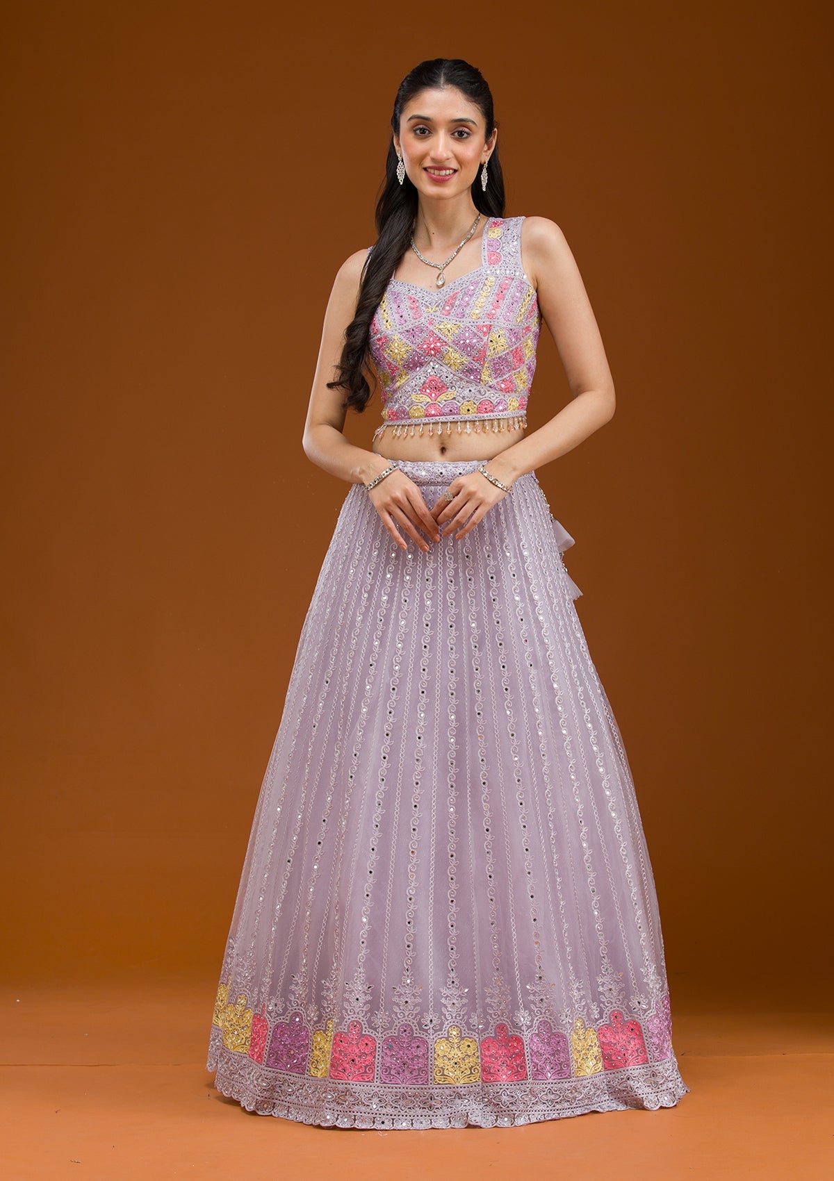 Light Grey Threadwork Net Readymade Lehenga-Koskii