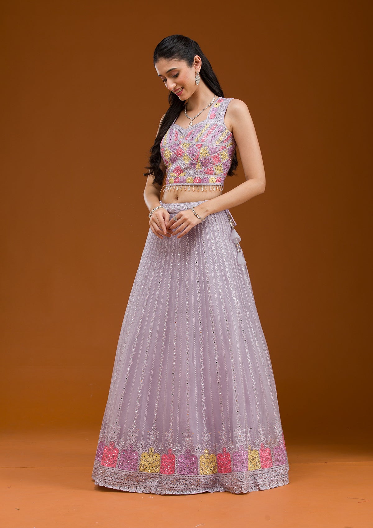 Light Grey Threadwork Net Readymade Lehenga-Koskii