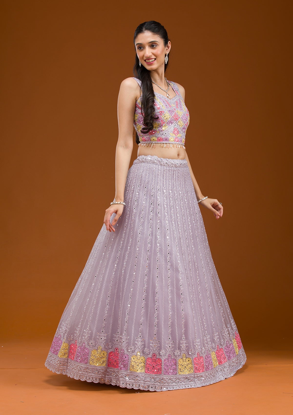 Light Grey Threadwork Net Readymade Lehenga-Koskii