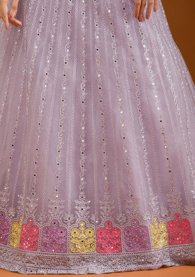 Light Grey Threadwork Net Readymade Lehenga-Koskii