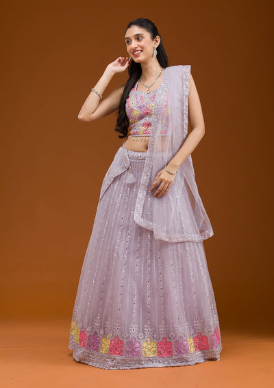 Light Grey Threadwork Net Readymade Lehenga-Koskii