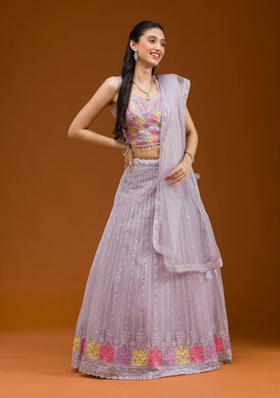 Light Grey Threadwork Net Readymade Lehenga-Koskii