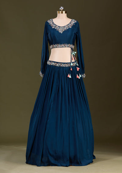 Peacock Blue Cutdana Georgette Readymade Lehenga-Koskii