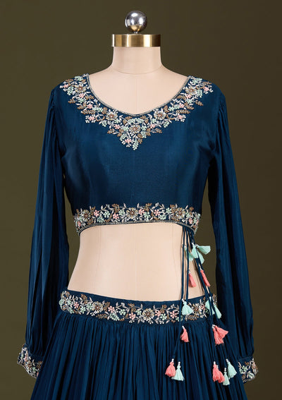Peacock Blue Cutdana Georgette Readymade Lehenga-Koskii