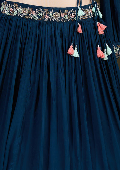 Peacock Blue Cutdana Georgette Readymade Lehenga-Koskii