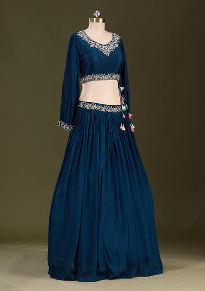 Peacock Blue Cutdana Georgette Readymade Lehenga-Koskii