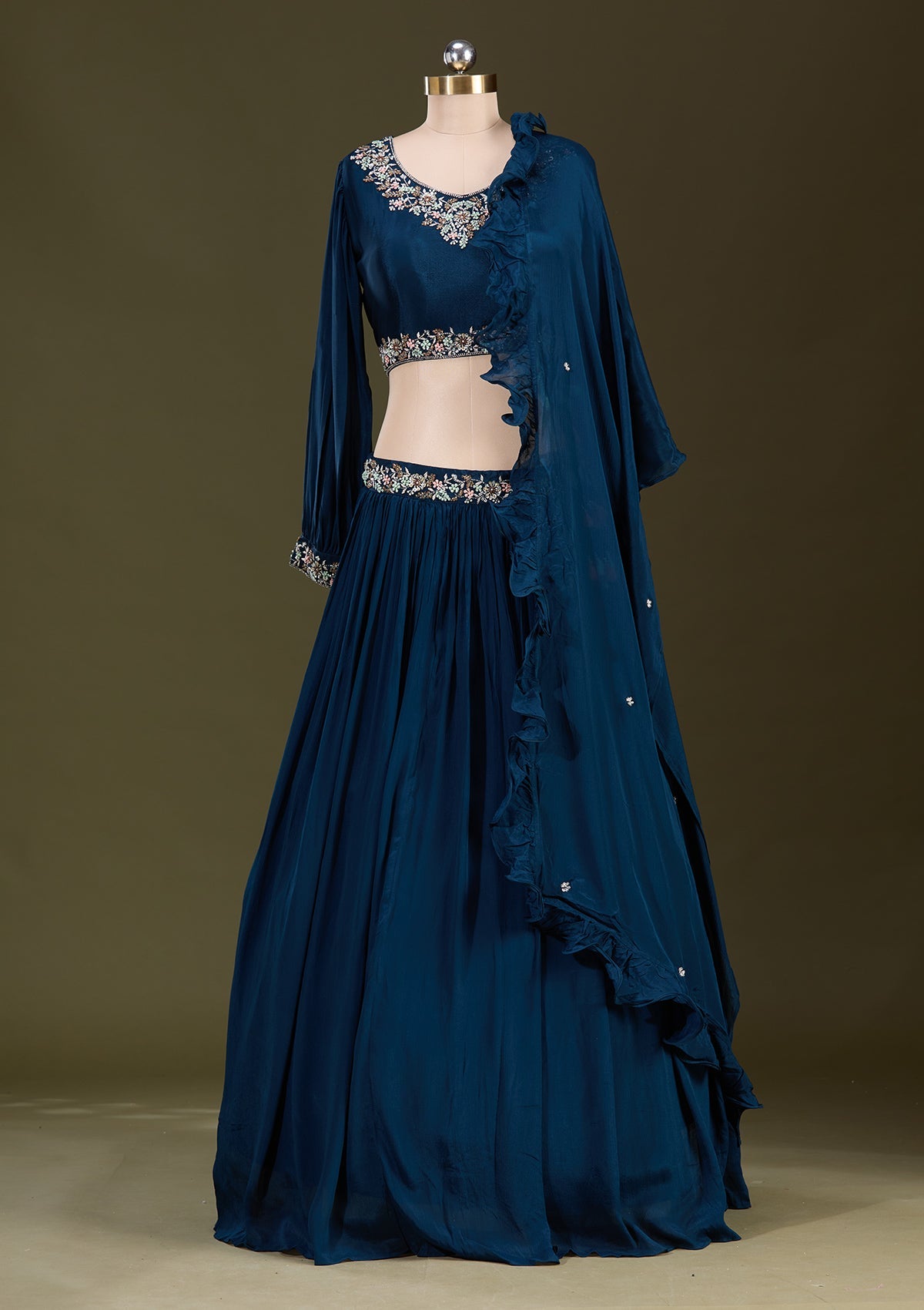 Peacock Blue Cutdana Georgette Readymade Lehenga-Koskii