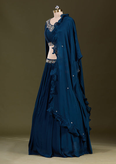 Peacock Blue Cutdana Georgette Readymade Lehenga-Koskii