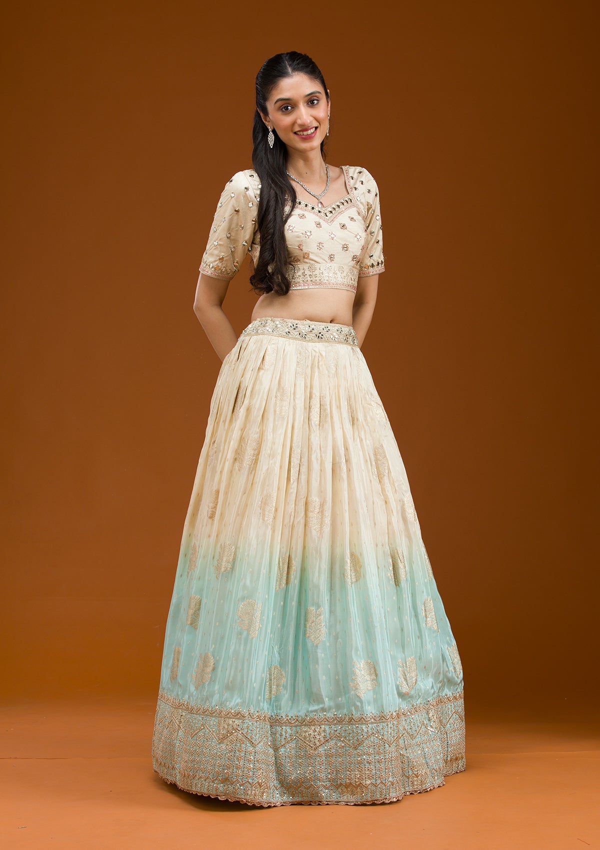 Off White Zariwork Banarasi Readymade Lehenga-Koskii