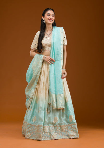 Off White Zariwork Banarasi Readymade Lehenga-Koskii