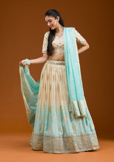 Off White Zariwork Banarasi Readymade Lehenga-Koskii