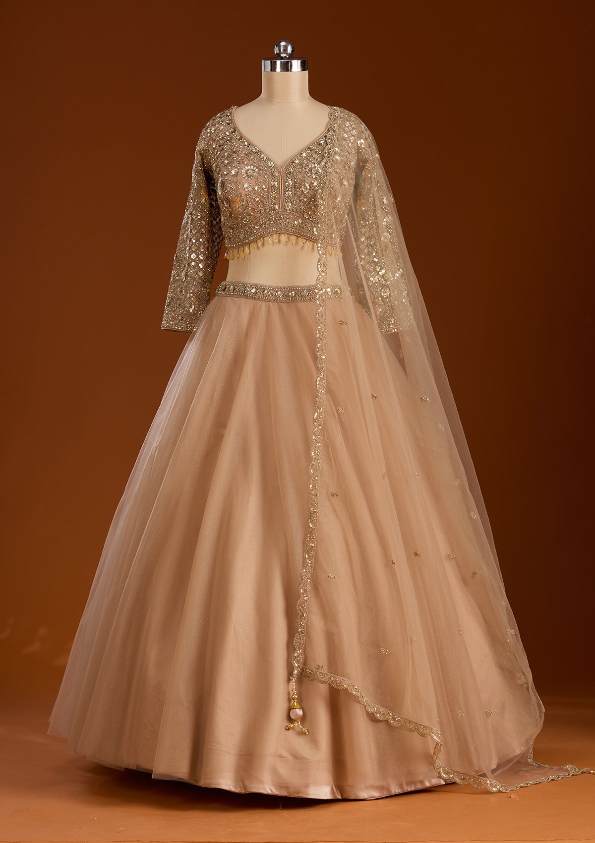 Beige Sequins Net Readymade Lehenga-koskii