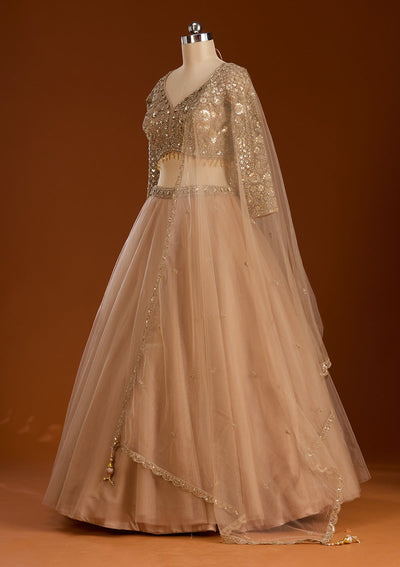 Beige Sequins Net Readymade Lehenga-koskii