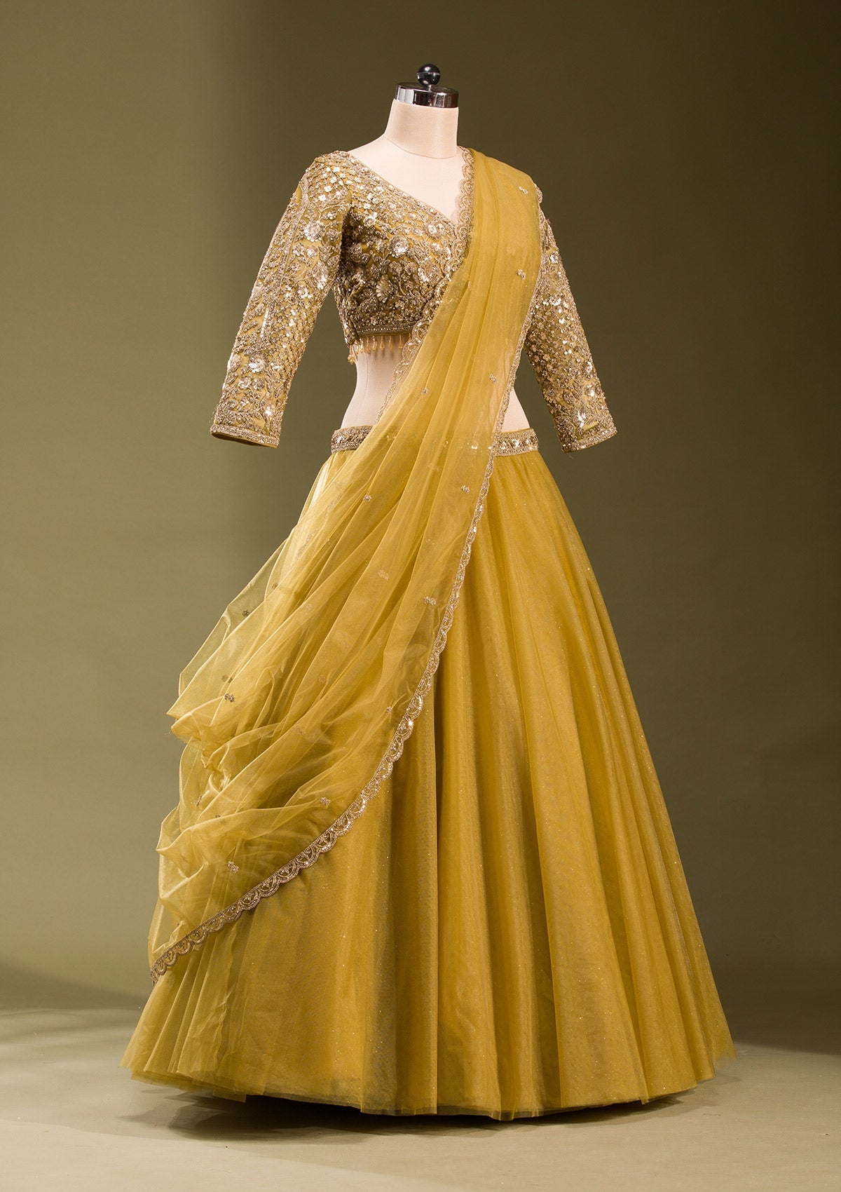 Mehendi Sequins Net Readymade Lehenga-koskii