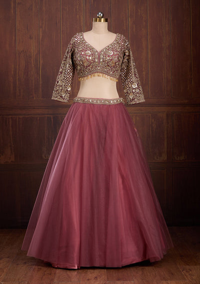 Onion Pink Sequins Net Readymade Lehenga-Koskii