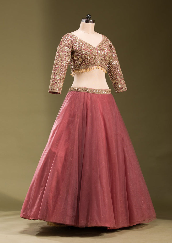 Onion Pink Sequins Net Readymade Lehenga-koskii