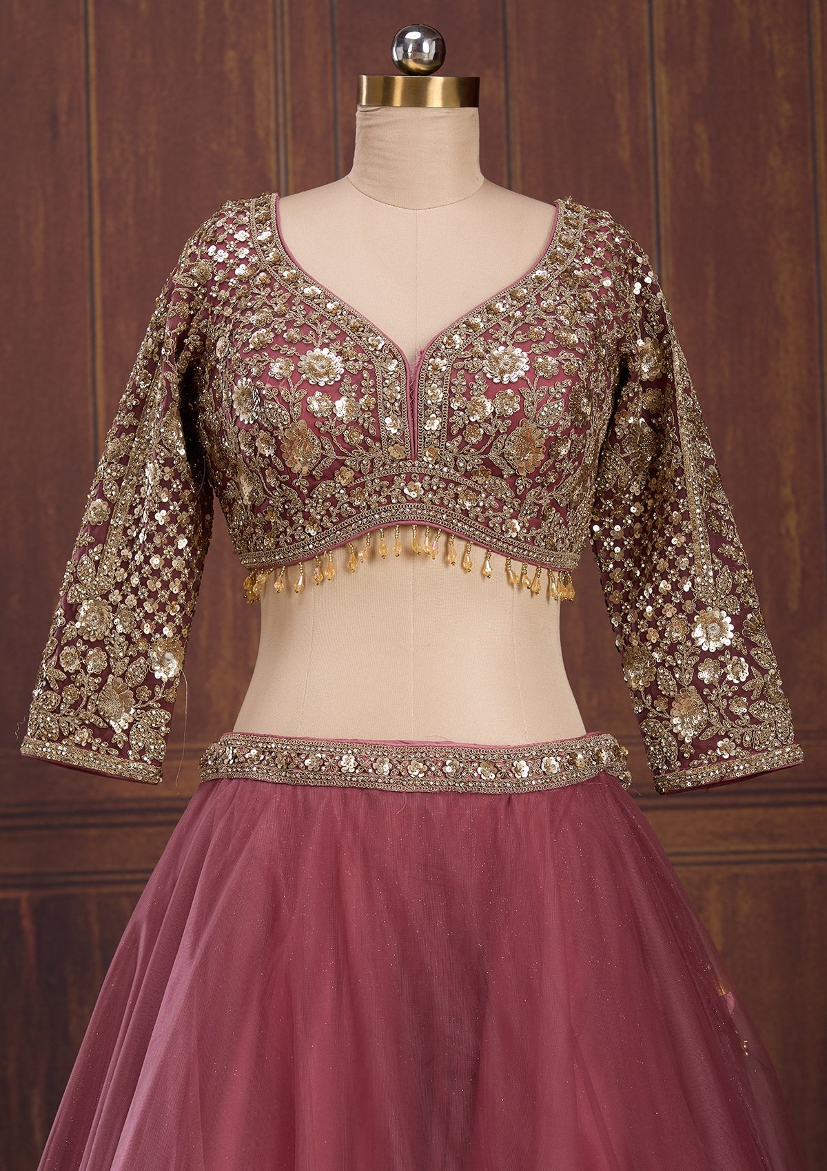 Onion Pink Sequins Net Readymade Lehenga-Koskii