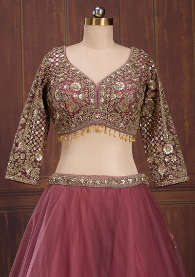 Onion Pink Sequins Net Readymade Lehenga-Koskii