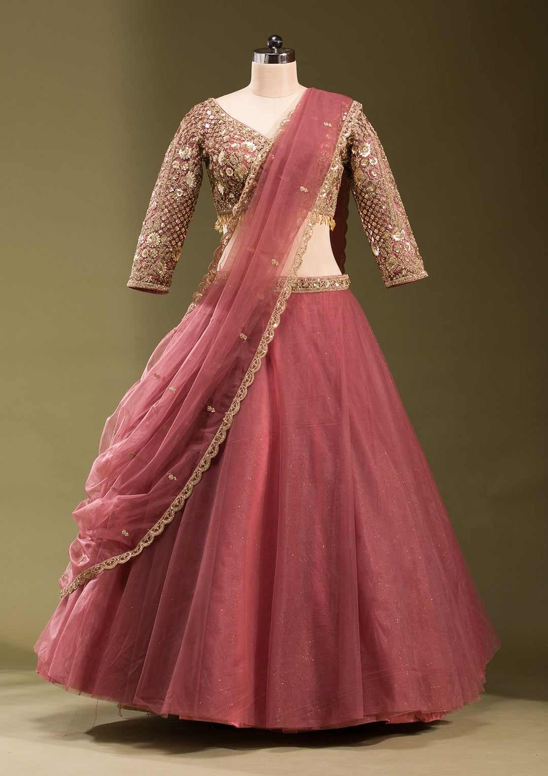 Onion Pink Sequins Net Readymade Lehenga-koskii