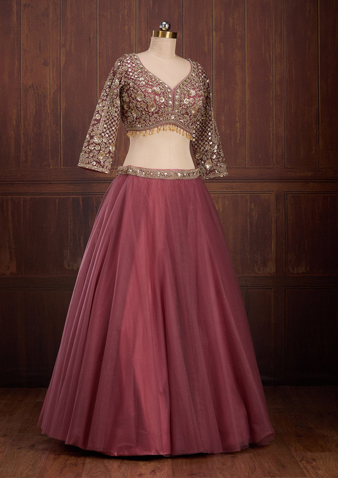 Onion Pink Sequins Net Readymade Lehenga-Koskii
