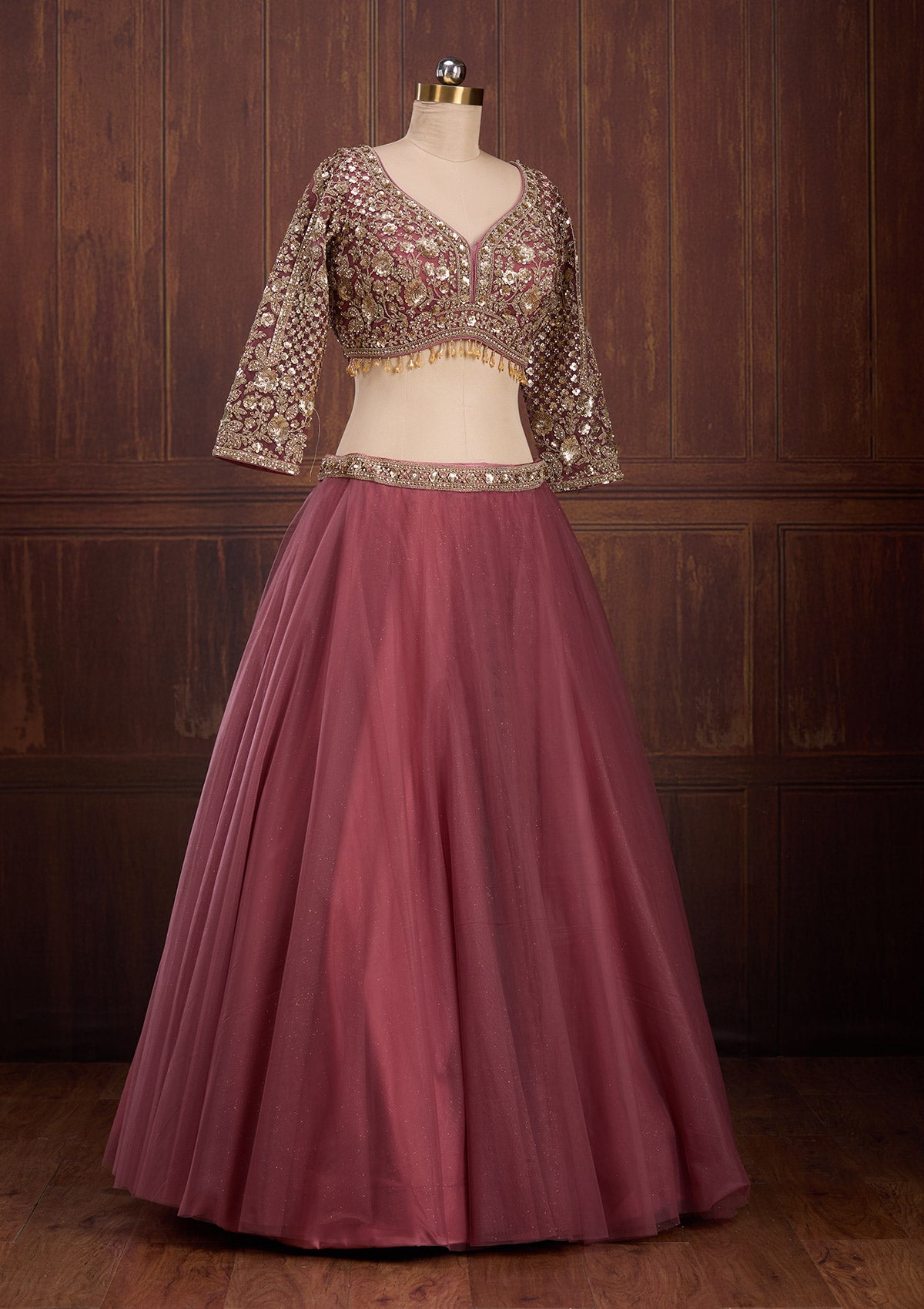 Onion Pink Sequins Net Readymade Lehenga-Koskii
