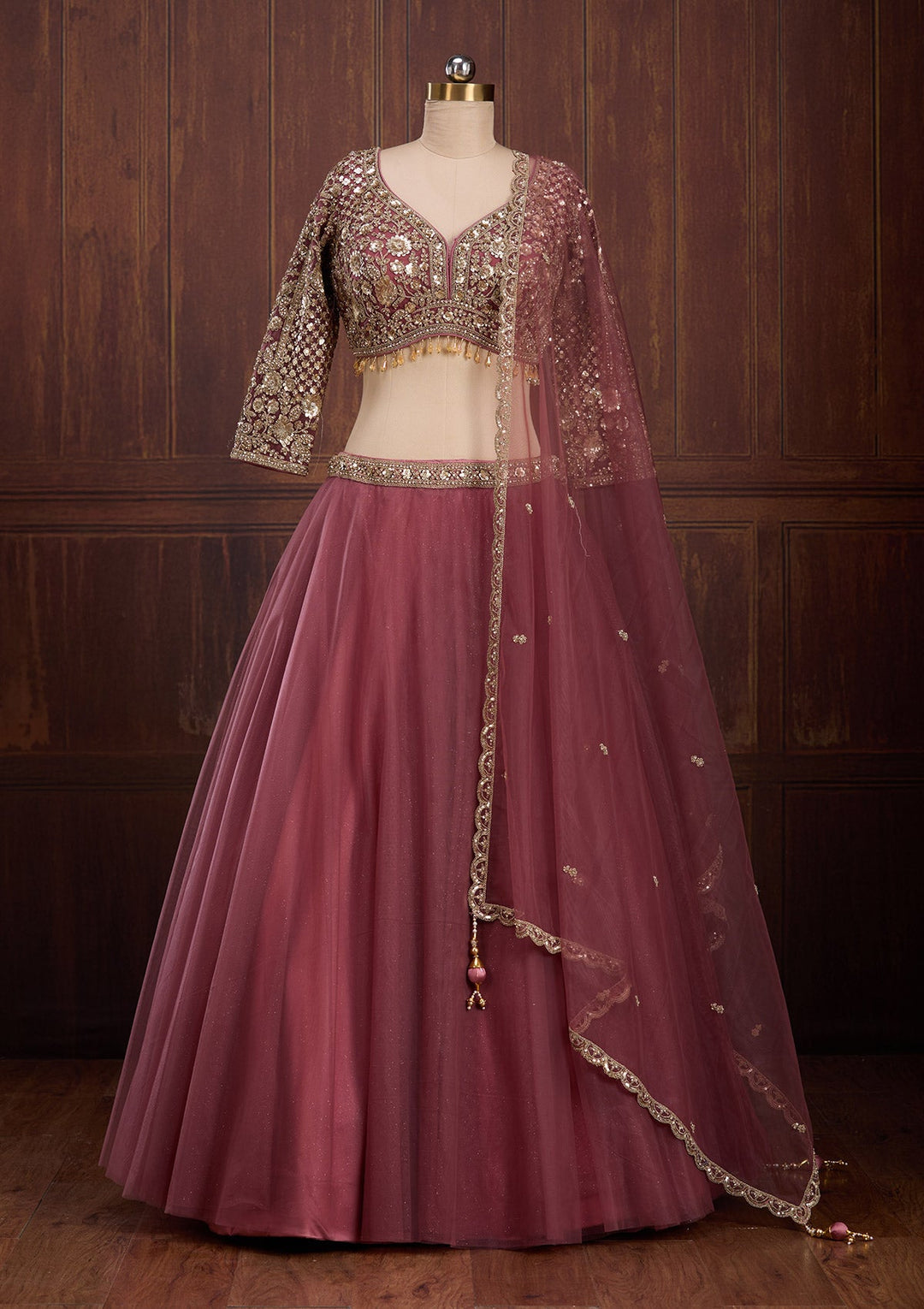 Onion Pink Sequins Net Readymade Lehenga-Koskii