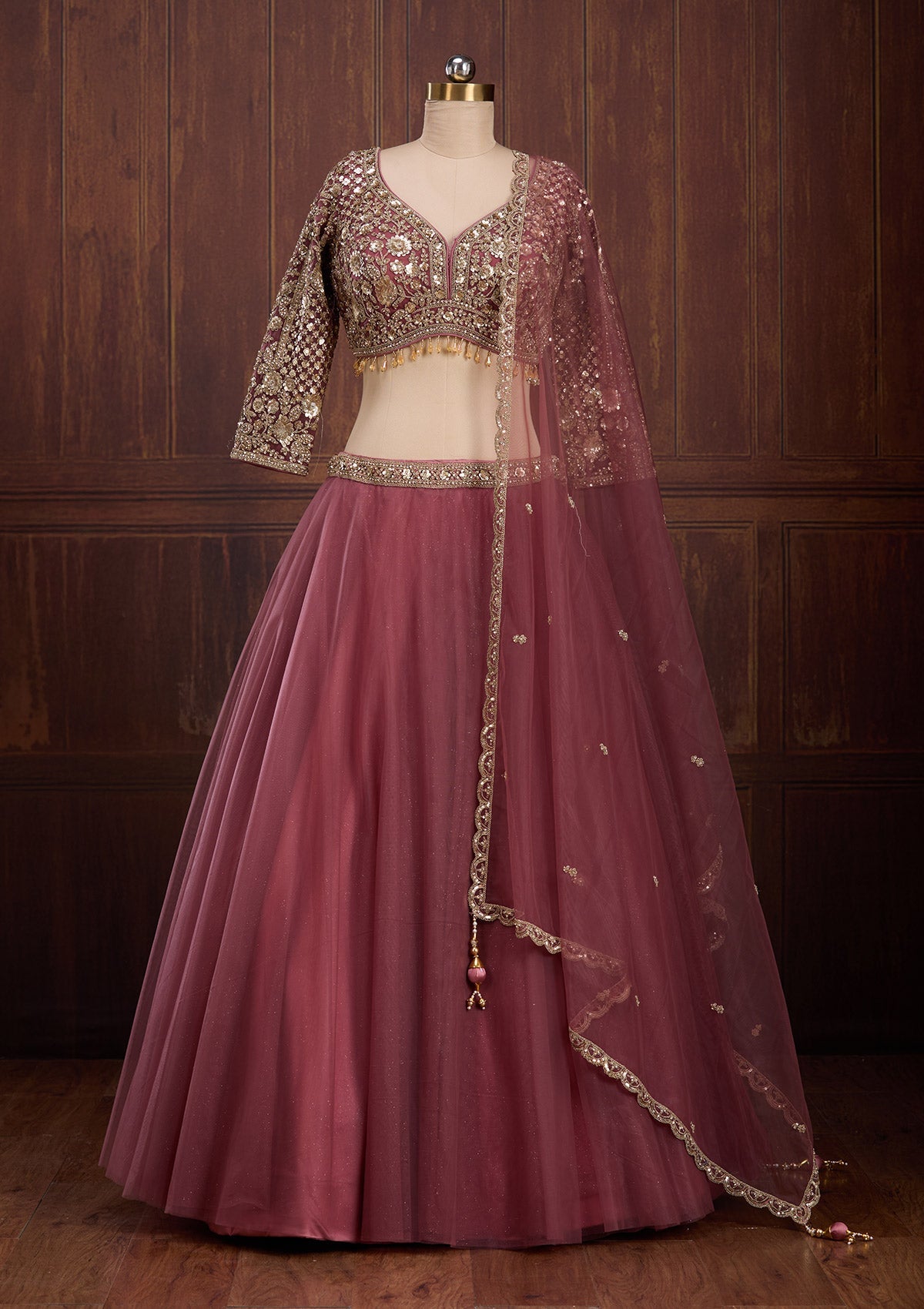 Onion Pink Sequins Net Readymade Lehenga-Koskii
