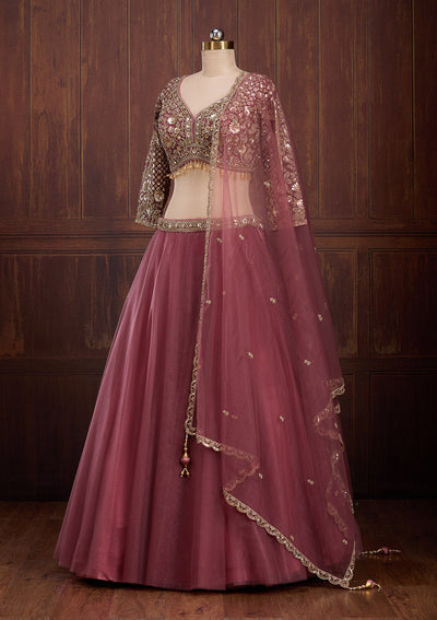 Onion Pink Sequins Net Readymade Lehenga-Koskii