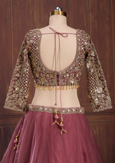 Onion Pink Sequins Net Readymade Lehenga-Koskii