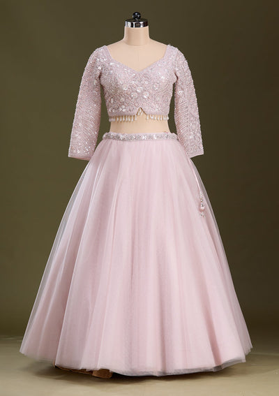 Baby Pink Silver Zariwork Net Readymade Lehenga-Koskii