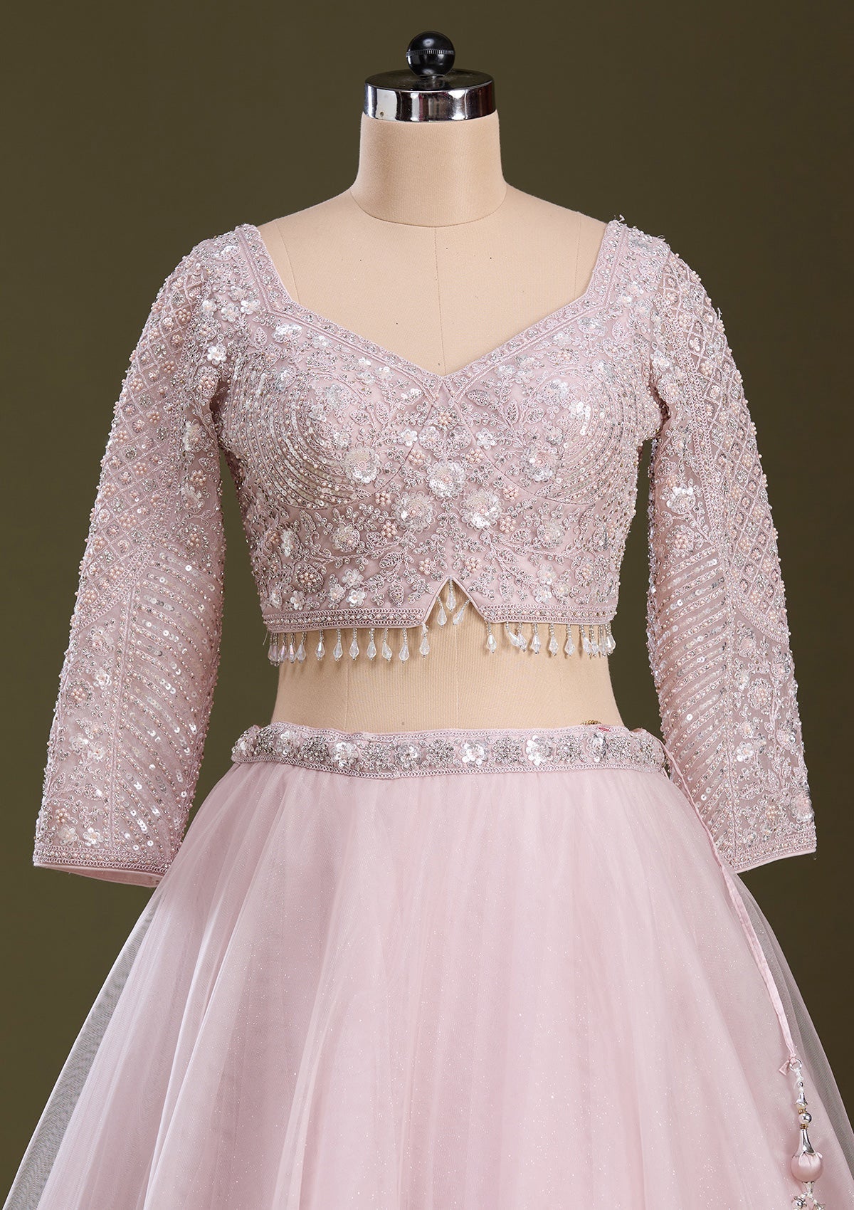 Baby Pink Silver Zariwork Net Readymade Lehenga-Koskii