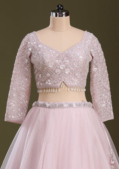 Baby Pink Silver Zariwork Net Readymade Lehenga-Koskii