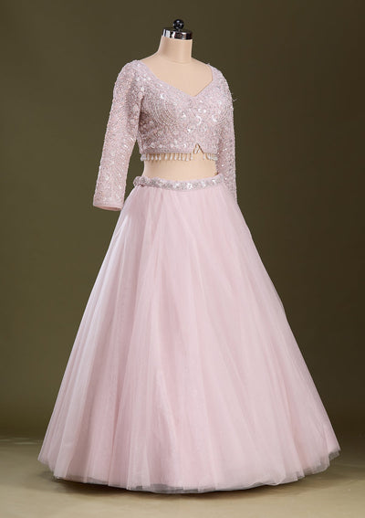 Baby Pink Silver Zariwork Net Readymade Lehenga-Koskii