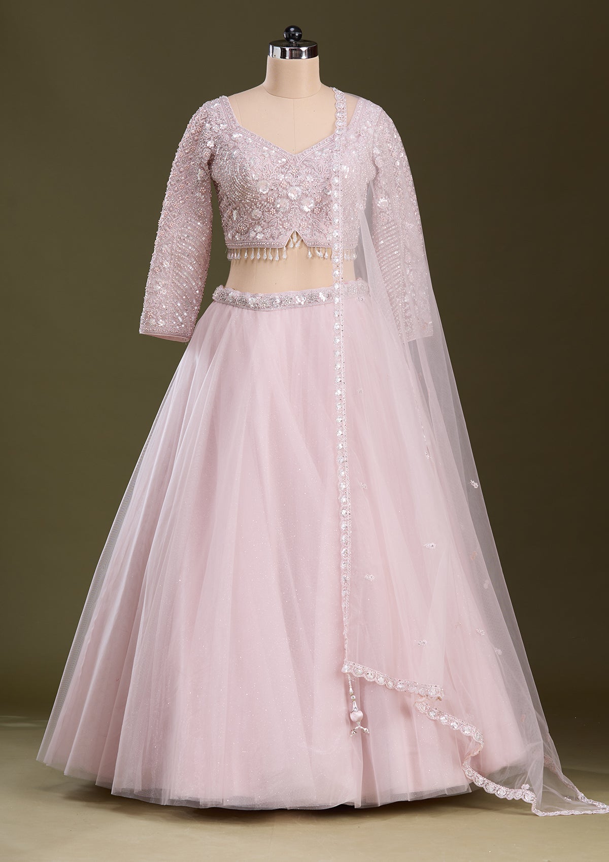 Baby Pink Silver Zariwork Net Readymade Lehenga-Koskii