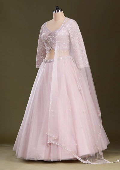 Baby Pink Silver Zariwork Net Readymade Lehenga-Koskii
