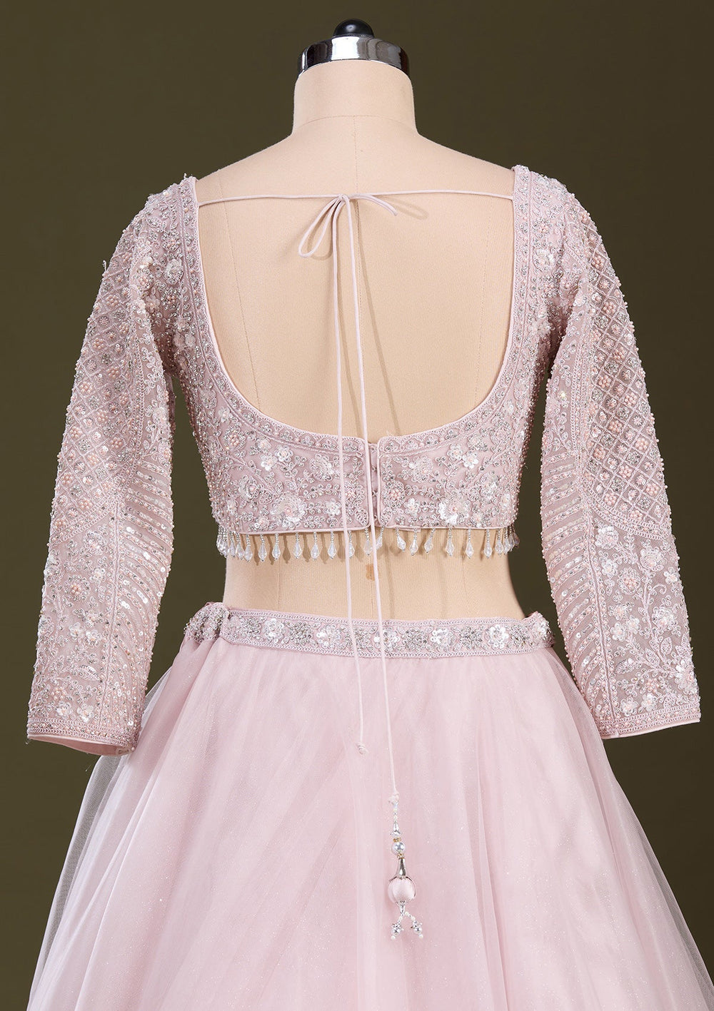 Baby Pink Silver Zariwork Net Readymade Lehenga-Koskii