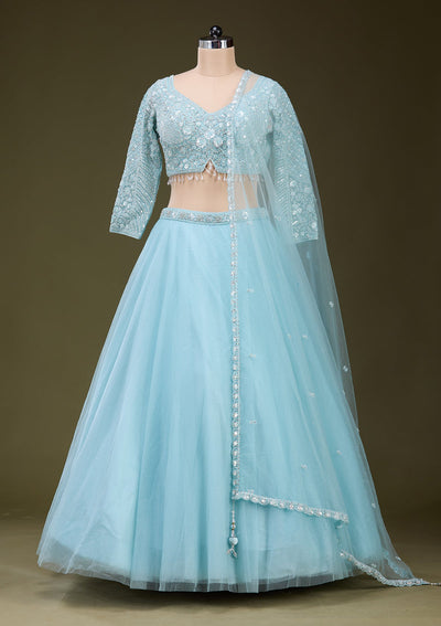Sky Blue Silver Zariwork Net Readymade Lehenga_Koskii